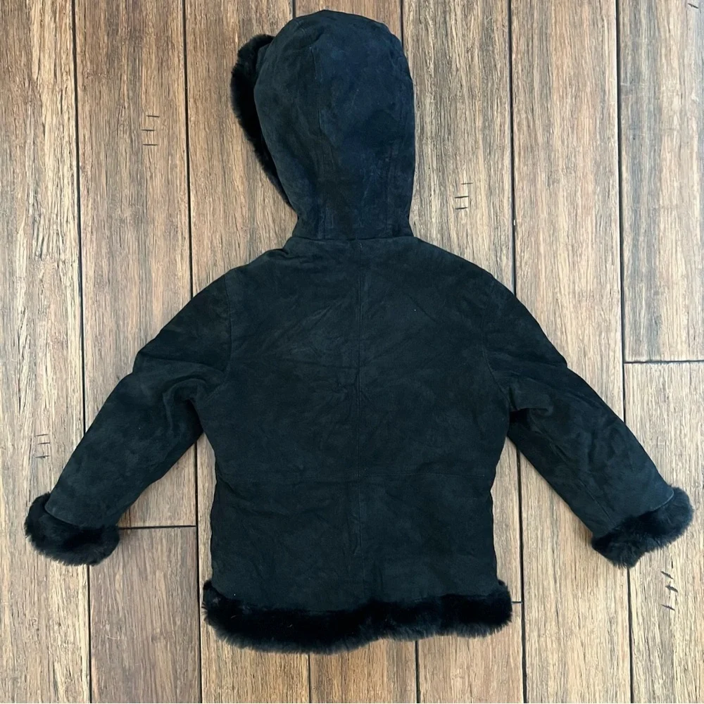 Wilsons Leather Girls Black Suede Fur Trimmed Coat XS Kids Hooded 4 5 Jacket